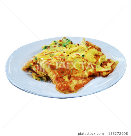 手繪, 台式蔥花蛋, 煎蛋捲, 配蔥, 放在, 白盤上, 白色背景, 可去背 138272908