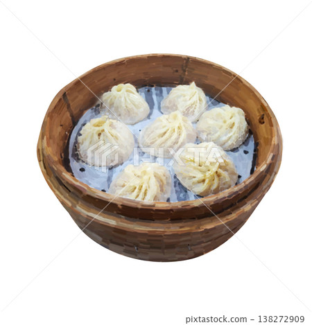 手繪, 小籠湯包, 在, 竹蒸籠裡, 放在, 有花紋的盤子上, 筷子, 醬料碟, 可去背,白色背景 138272909