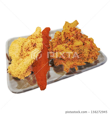 手繪, 天婦羅拼盤,炸蔬菜, 蟹肉棒, 白帶魚, 放在, 花紋盤子上, 白色背景,去 138272945