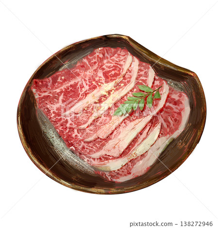 手繪, 生板腱,牛肉片, 有花紋的盤子, 白色背景,可去背 手繪, 生板腱,牛肉片, 有花紋的盤子, 白色背景,可去背 138272946