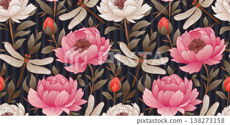 Vintage Floral Peony Seamless Pattern With Peonies Dragonfly And Leaves Aesthetic Luxury Boho Background 138273158