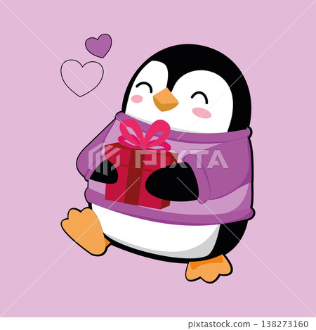 An adorable cartoon penguin in a purple sweater warmly embraces a red gift. 138273160