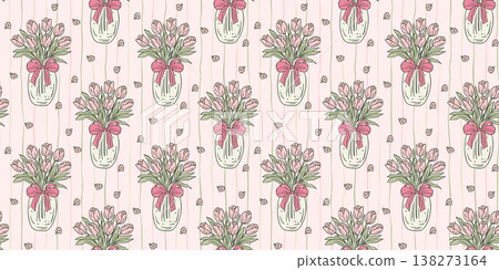 Tulip Vase Seamless Vector Pattern Handdrawn Whimsical Floral Bow with Coquette Cottagecore Vintage Birthday Design 138273164
