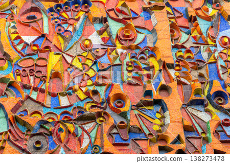 Colourful mosaic facade of Auditorium of the industrial technical college in Tbilisi, Georgia Colourful mosaic facade of Auditorium of the industrial technical college in Tbilisi, Georgia 138273478