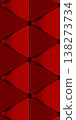 Bloody red abstract wallpaper featuring geometric shapes with triangles in the foreground. A texture with a repeating sci-fi-style geometric pattern 138273734