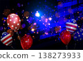 US Independence Day. Abstract blue card with an American flag silhouette and balloons 138273933