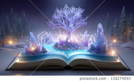 Magical Winter Forest Scene Unfolds from an Open Book, Crystal Tree and Glowing Lights 138274093