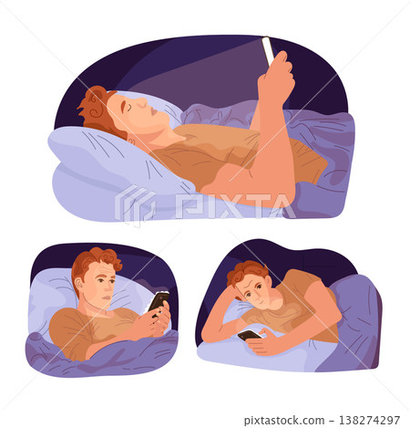 Man lying in bed using smartphone at night, insomnia and digital addiction concept, cozy bedroom scene, modern flat vector illustration with soft light 138274297