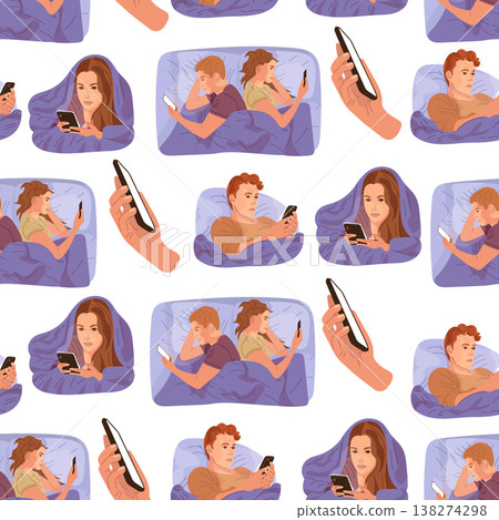 Seamless pattern with people using smartphones in bed at night, insomnia and digital addiction concept, modern flat vector illustration Seamless pattern with people using smartphones in bed at night, insomnia and digital addiction concept, modern flat vector illustration 138274298