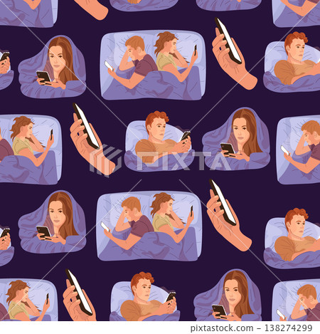Seamless pattern with people using smartphones in bed at night, insomnia and digital addiction concept, modern flat vector illustration Seamless pattern with people using smartphones in bed at night, insomnia and digital addiction concept, modern flat vector illustration 138274299
