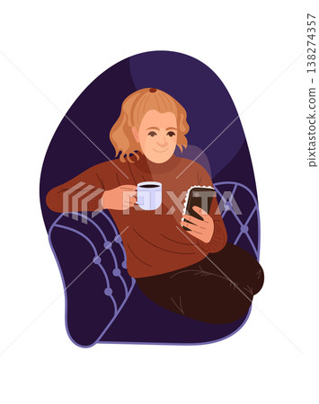 A woman sits in a chair at night, drinking coffee and using a smartphone. Concept of a cozy home lifestyle. Flat vector illustration isolated on a white background. A woman sits in a chair at night, drinking coffee and using a smartphone. Concept of a cozy home lifestyle. Flat vector illustration isolated on a white background. 138274357