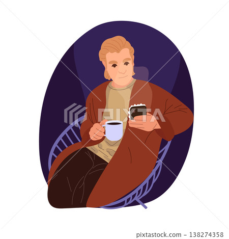 A man sits in a chair at night, drinking coffee and using a smartphone. Concept of a cozy home lifestyle, relaxing relaxation. Flat vector illustration isolated on a white background. A man sits in a chair at night, drinking coffee and using a smartphone. Concept of a cozy home lifestyle, relaxing relaxation. Flat vector illustration isolated on a white background. 138274358