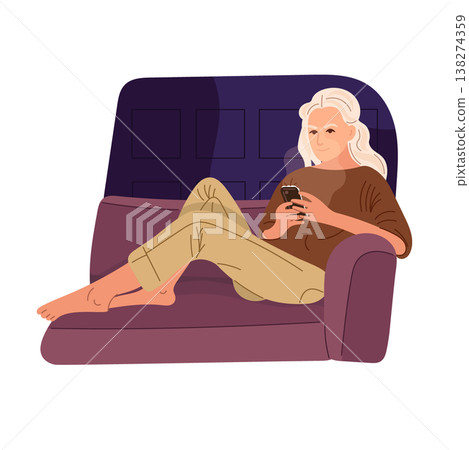 A woman relaxes on the sofa at night, using a smartphone at home. Concept of a cozy lifestyle and digital communication. Flat vector illustration isolated on a white background. 138274359