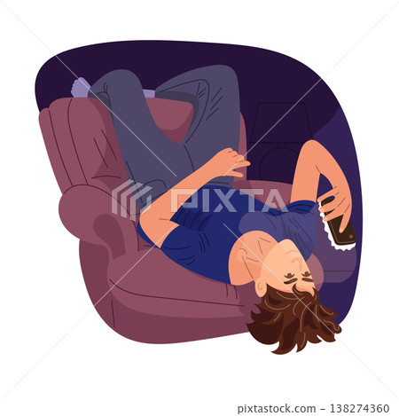 A relaxed man lying upside down on a armchair and using a smartphone at home at night. Concept of a cozy lifestyle and digital communication. Modern flat vector illustration. A relaxed man lying upside down on a armchair and using a smartphone at home at night. Concept of a cozy lifestyle and digital communication. Modern flat vector illustration. 138274360