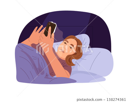 Woman lying in bed using smartphone at night, insomnia and screen addiction concept, cozy bedroom scene, modern flat vector illustration with soft lighting Woman lying in bed using smartphone at night, insomnia and screen addiction concept, cozy bedroom scene, modern flat vector illustration with soft lighting 138274361