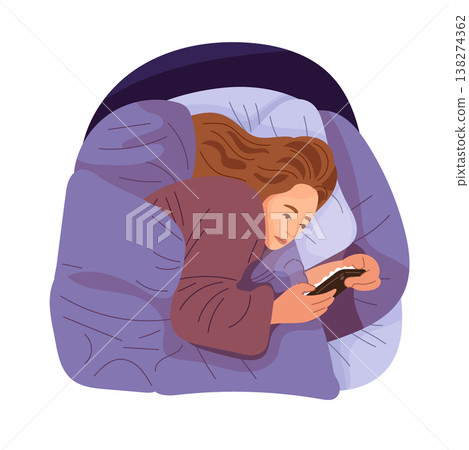 Woman lying in bed using smartphone at night, insomnia and screen addiction concept, cozy bedroom scene, modern flat vector illustration with soft lighting 138274362