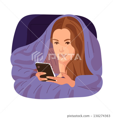 Woman lying in bed using smartphone at night, insomnia and screen addiction concept, cozy bedroom scene, modern flat vector illustration with soft lighting Woman lying in bed using smartphone at night, insomnia and screen addiction concept, cozy bedroom scene, modern flat vector illustration with soft lighting 138274363