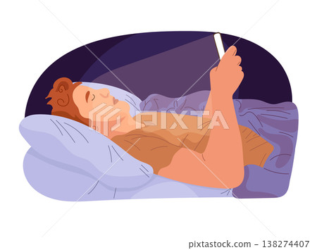 Man lying in bed using smartphone at night, insomnia and digital addiction concept, cozy bedroom scene, modern flat vector illustration with soft light Man lying in bed using smartphone at night, insomnia and digital addiction concept, cozy bedroom scene, modern flat vector illustration with soft light 138274407