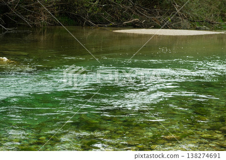 Turquoise water in mountain river, current, rocky shore. Turquoise water in mountain river, current, rocky shore. 138274691