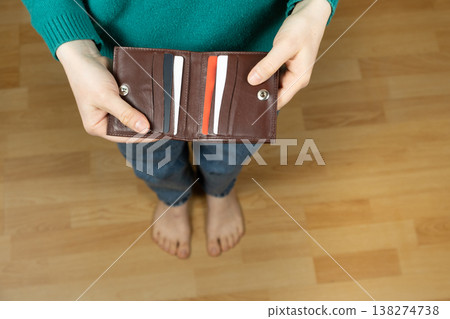 Top view of person holding open leather wallet with credit cards. Top view of person holding open leather wallet with credit cards. 138274738