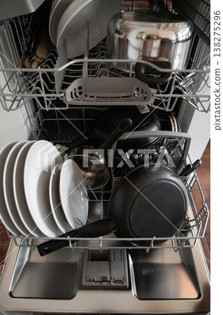 Loading a dishwasher with dirty dishes, pots, and pans, preparing for a cleaning cycle and promoting household efficiency, chores, and modern living 138275296