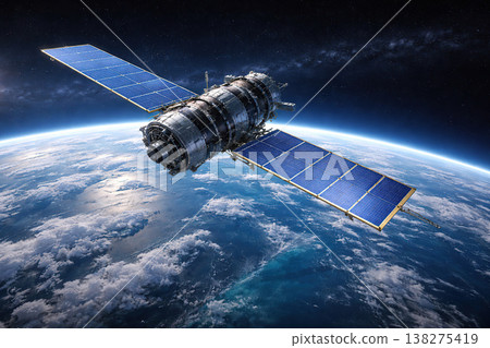 Advanced satellite with solar panels orbits the Earth in outer space 138275419
