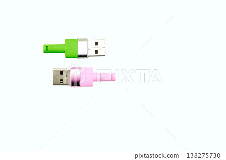 Pink green usb plug cables for connection on white Pink green usb plug cables for connection on white 138275730
