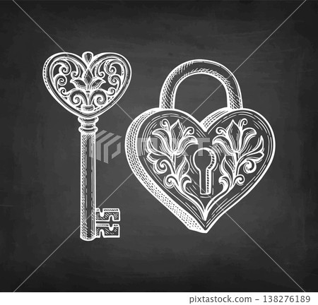 Heart shaped padlock and key. Chalk sketch. Heart shaped padlock and key. Chalk sketch. 138276189