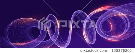 Abstract glowing light wave spiral background. Neon twist lines stream, futuristic energy flow, dynamic purple vortex, digital motion light trails design. Ai Radiance Waves BG. Vector illustration. 138276203