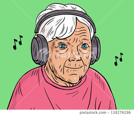 Elderly Woman Listening to Music in Headphones Pop Art Style Elderly Woman Listening to Music in Headphones Pop Art Style 138276286