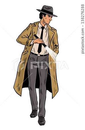 Detective Man with Flashlight in Trench Coat Pop Art Style Detective Man with Flashlight in Trench Coat Pop Art Style 138276288