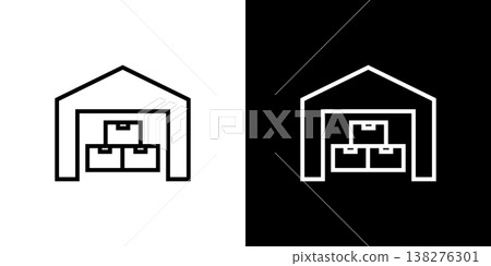Line icon of a warehouse with stacked cardboard boxes. Monochrome vector illustration set. Line icon of a warehouse with stacked cardboard boxes. Monochrome vector illustration set. 138276301