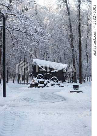 Kiev, Ukraine - 01/16/2026: Holocaust memorial in park called Babyn Yar, Kiev. Old wagon with bullet holes in winter forest. Monument of gypsy victims in World War 2. Genocide history. Silent sadness. Kiev, Ukraine - 01/16/2026: Holocaust memorial in park called Babyn Yar, Kiev. Old wagon with bullet holes in winter forest. Monument of gypsy victims in World War 2. Genocide history. Silent sadness. 138276302
