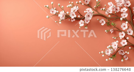 Spring festival cherry blossom branch with delicate pink flowers on coral background 138276648