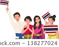 thai men and women wearing traditional costumes celebrate a national festival in thailand with flags smiles and greeting gesture representing cultural identity and unity 138277024