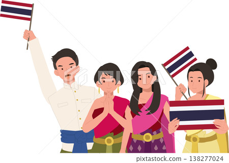 thai men and women wearing traditional costumes celebrate a national festival in thailand with flags smiles and greeting gesture representing cultural identity and unity thai men and women wearing traditional costumes celebrate a national festival in thailand with flags smiles and greeting gesture representing cultural identity and unity 138277024