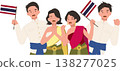 thai men and women in traditional dress holding thailand flags during a cultural celebration in thailand showing heritage identity and community spirit 138277025