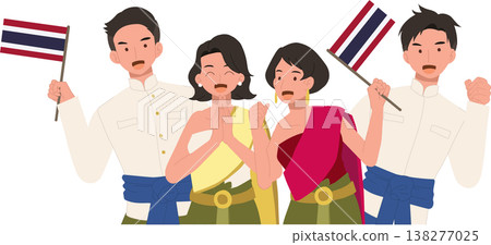 thai men and women in traditional dress holding thailand flags during a cultural celebration in thailand showing heritage identity and community spirit 138277025