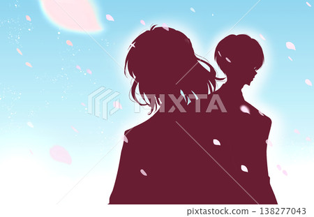 Silhouettes of a man and woman in suits, cherry blossoms fluttering, blue sky. Silhouettes of a man and woman in suits, cherry blossoms fluttering, blue sky. 138277043