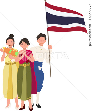 thailand songkran water festival with thai people holding flag and water gun traditional celebration in april southeast asia 138277273