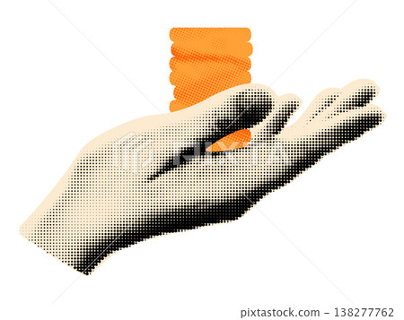 Halftone hand holding stack of gold coins. Paper clipping shape and vintage dotted texture. Save money, finance, payment, cash concept sticker for collage. Modern retro vector illustration isolated Halftone hand holding stack of gold coins. Paper clipping shape and vintage dotted texture. Save money, finance, payment, cash concept sticker for collage. Modern retro vector illustration isolated 138277762