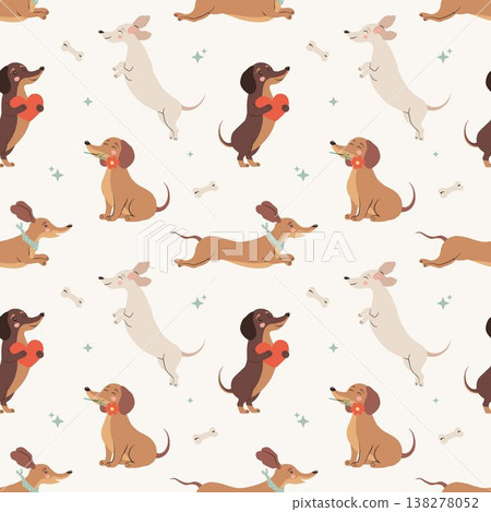 Cute dachshund seamless pattern in pastel colors with playful dogs, flowers and bones. Hand drawn whimsical vector illustration for textile design, wallpaper, kids decor, gift wrap and branding. 138278052