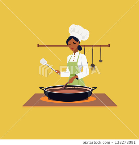 Vector illustration of a beautiful female chef wearing a green apron, stirring a pot of delicious hearty soup. Vector illustration of a beautiful female chef wearing a green apron, stirring a pot of delicious hearty soup. 138278091
