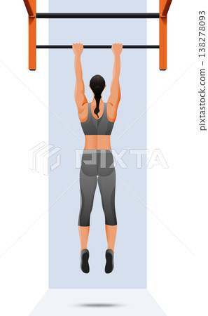 Athletic Woman Performing Pull-Ups on Horizontal Bar, Back View of Female Fitness Trainer Exercising on Gym Rig, Minimalist Flat Vector Illustration Athletic Woman Performing Pull-Ups on Horizontal Bar, Back View of Female Fitness Trainer Exercising on Gym Rig, Minimalist Flat Vector Illustration 138278093