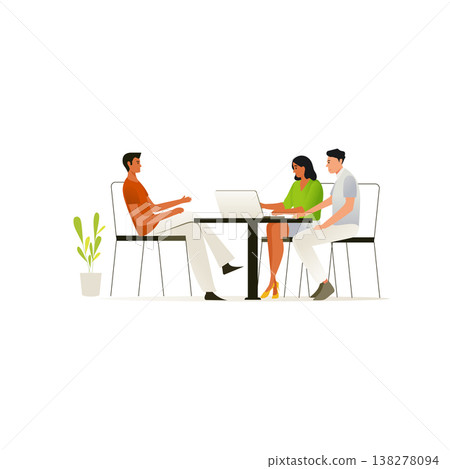 Business Team Working on Laptop in Modern Office, Flat Vector Illustration of Colleagues Discussing Project, Corporate Meeting and Teamwork Concept Isolated on White Business Team Working on Laptop in Modern Office, Flat Vector Illustration of Colleagues Discussing Project, Corporate Meeting and Teamwork Concept Isolated on White 138278094