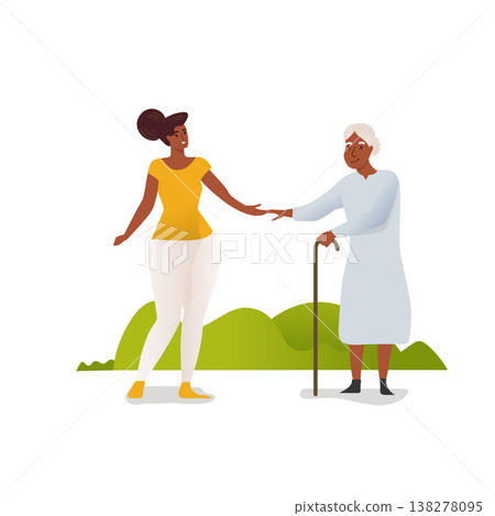 Caring for elder parent,Daughter helping eldery mother along as she walk with cane Caring for elder parent,Daughter helping eldery mother along as she walk with cane 138278095
