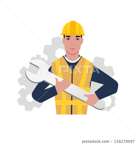 Professional Male Engineer or Mechanic in Safety Vest and Hard Hat Holding Large Wrench, Industrial Maintenance and Construction Worker Concept,  138278097