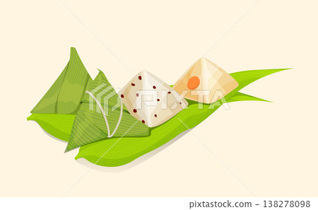 Dragon Boat Festival Zongzi: Sticky Rice Dumplings Wrapped in Bamboo Leaves and Two Unwrapped Rice Pyramid Pyramids with Red Beans and Meat Fillings 138278098
