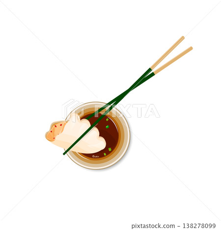 Illustration of soy sauce with chopsticks and dumplings. 138278099