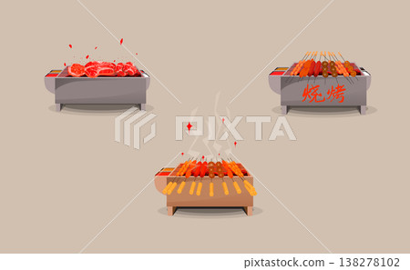 Chinese Street Food BBQ Set: Different Grill Styles Featuring Skewered Meat, Vegetables, and Shabu-Shabu Slices on Outdoor Charcoal Grills, Minimalist Flat Vector Illustration Chinese Street Food BBQ Set: Different Grill Styles Featuring Skewered Meat, Vegetables, and Shabu-Shabu Slices on Outdoor Charcoal Grills, Minimalist Flat Vector Illustration 138278102